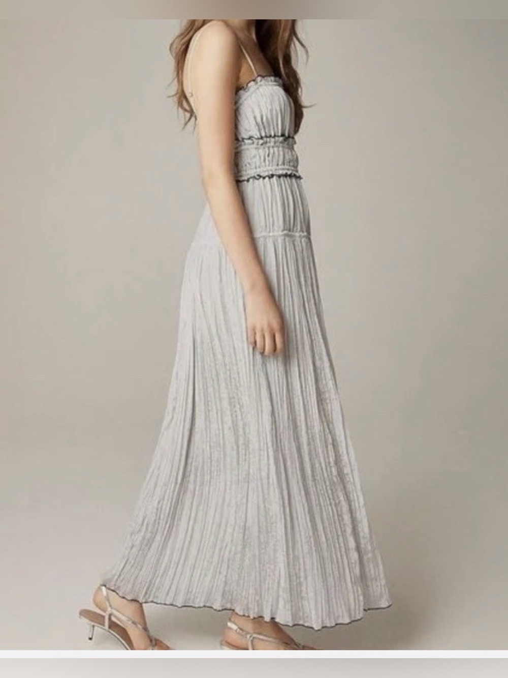 J Crew Crinkle Ruffle Trim Maxi Dress Grey M Boho Hippie Festival